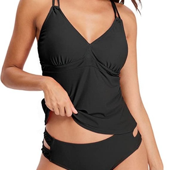 Black Criss Cross Back Tankini V Neck Two Piece Swimsuit Swimwear Tummy Control - Picture 1 of 10